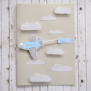 3D Baby Announcement Card - Plane and Clouds