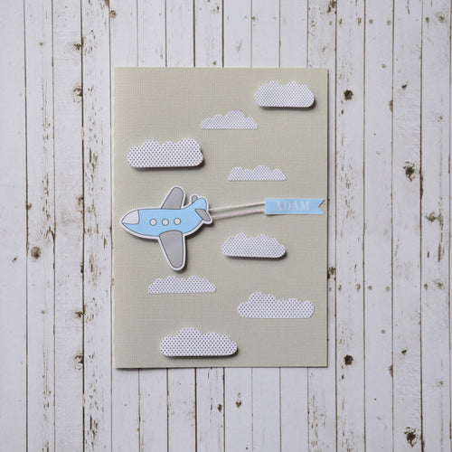 3D Baby Announcement Card - Plane and Clouds