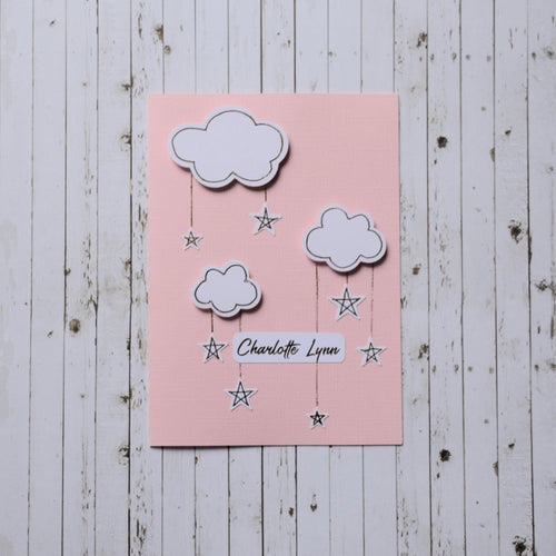 3D Baby Announcement Card - Clouds and Stars Pink