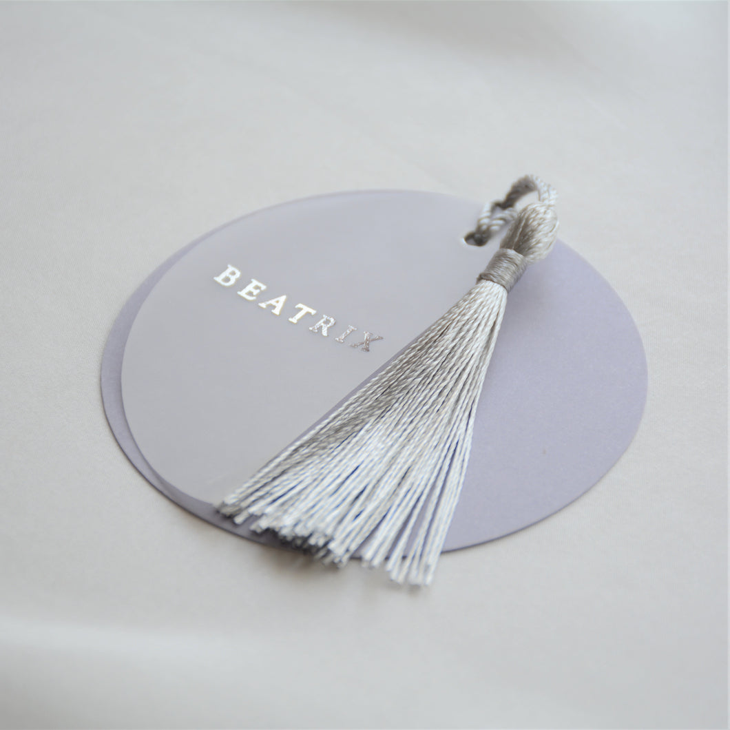 Personalised Round Place Card with Half Circle Vellum and Tassel