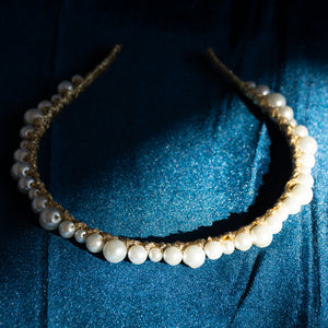White Pearl Headband with Gold Yarn