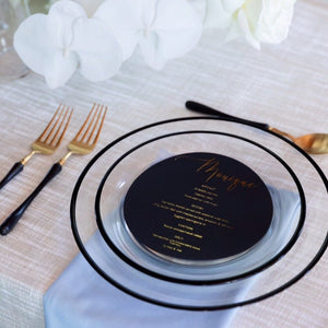 Personalised Round Black Foiled Menu - Plate cover