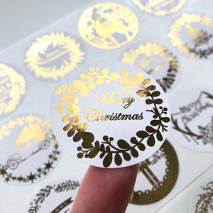 Round Merry Christmas wreath Foiled Sticker Sheet (Glossy Off White)