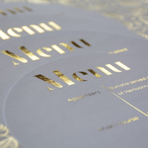 Elegant Personalised Round White Gold Foiled Menu - Plate cover