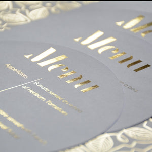 Elegant Personalised Round White Gold Foiled Menu - Plate cover